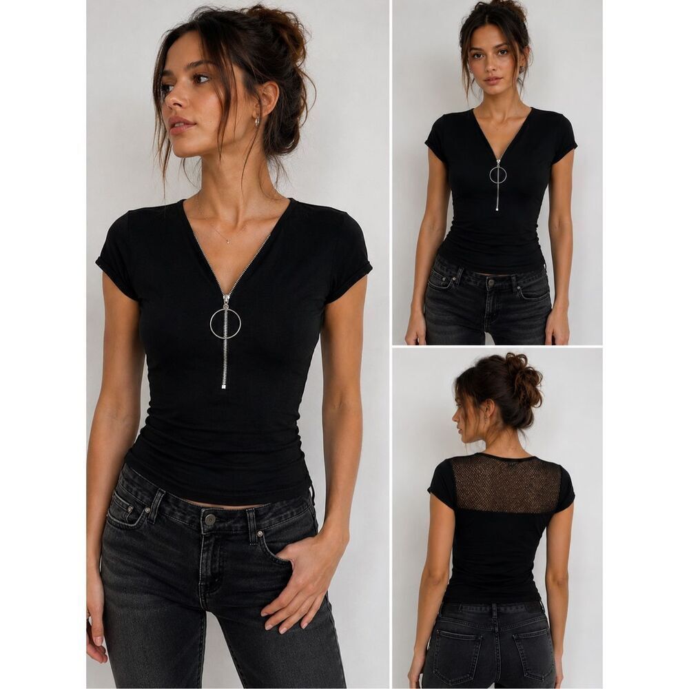 Rare Morgan De Toi Black Zip Front Mesh Detail Top Size S